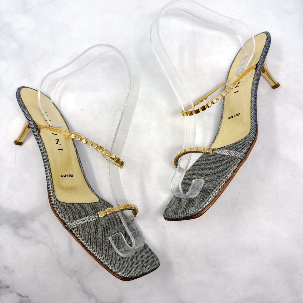 NEW Vicini by Giuseppe Zanotti Glitter Denim Low Kitten Heel Mule Sandal Gold 40 - Picture 2 of 16